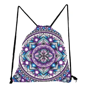 Sac à cordon imprimé mandala, pochette classique artistique tendance, rangement léger créatif.