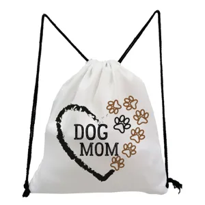 White canvas drawstring backpack with cute dog mom and paw print design for casual use.