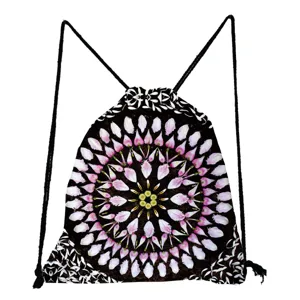 Sac à dos cordon mandala noir, motif floral léger sac de sport fourre-tout casual.