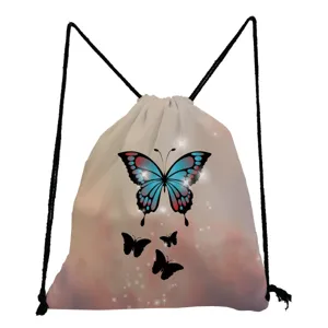 Fashion butterfly print drawstring backpack, casual cinch bag for students daily use.