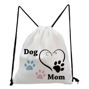 White canvas drawstring backpack with cute dog mom paw print design, casual travel daypack.