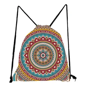 Sac à Cordon Imprimé Mandala Sac à Dos en Polyester Sac de Sport Cinch Pour Gym École Voyage Léger Sac de Rangement Sac à Dos Décontracté