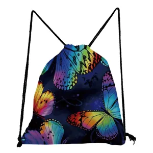 Colorful butterfly print drawstring backpack detail showcasing vibrant gradient wing graphics.
