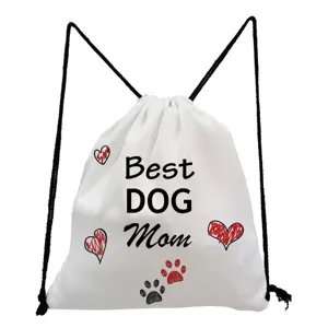 Canvas drawstring backpack with cute dog mom print, casual gym sack and book bag for women.