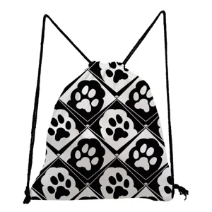 Black and white cat paw print drawstring backpack casual travel sport cinch bag gym sack.