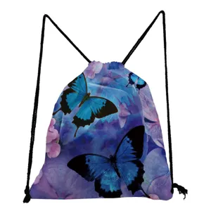 Detailed view of the blue butterfly print drawstring backpack, featuring vibrant floral graphics.