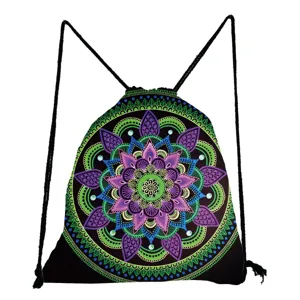 Sac à dos cordon avec impression mandala noir léger sac sport fourre-tout détail clair