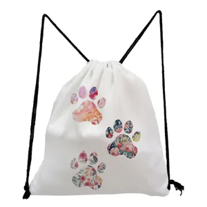 White floral cat paw print drawstring backpack casual canvas cinch bag for travel school.