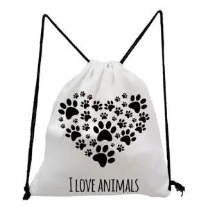 White canvas drawstring backpack with cute paw print heart design and text for casual daily use.