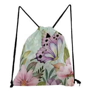Detailed view of a fashionable butterfly print drawstring backpack, perfect for daily use.