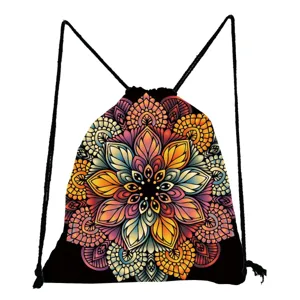 Sac à dos cordon imprimé mandala coloré, sac de rangement décontracté et léger.