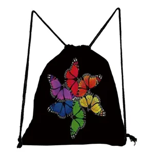 Detailed view of black drawstring backpack featuring vibrant colorful butterfly print design.