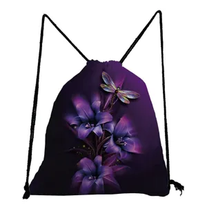 Detailed view of purple drawstring backpack featuring elegant lily and dragonfly print design.