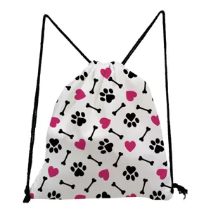 Close-up of drawstring backpack with cute cat paw and bone print, casual everyday style.