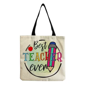 Detaillierte Nahaufnahme der Lehrermotiv bedruckten Canvas Tragetasche mit klarem Muster.