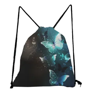 Close-up detail of the butterfly print drawstring backpack, showing the glowing blue art.