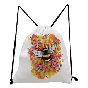 White drawstring backpack featuring a watercolor bumblebee, honeycomb and floral print.