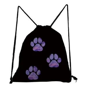Details of the black drawstring backpack featuring unique purple watercolor cat paw print designs.