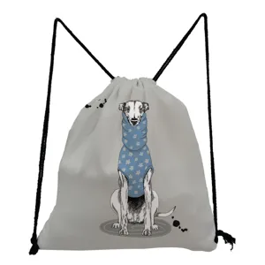 Detailansicht des lässigen grauen Turnbeutels mit niedlichem Hunde-Illustrationsdruck.