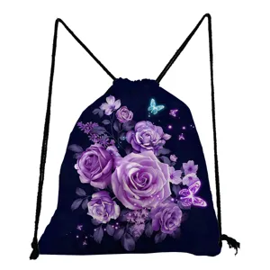 Drawstring backpack with purple rose and butterfly print, student casual daypack