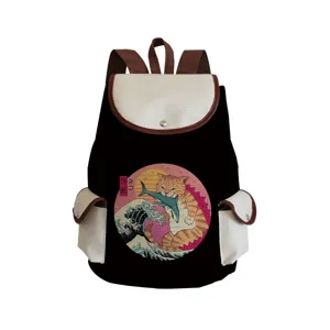 Detailed view of the black canvas backpack showcasing the Japanese samurai cat print.