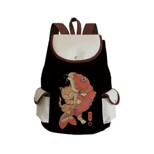Canvas backpack with cute cat and koi fish graphic print, stylish black daypack for daily school.
