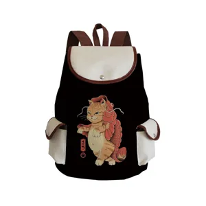 Close-up detail of the black canvas backpack with Japanese cat print and practical side pockets.