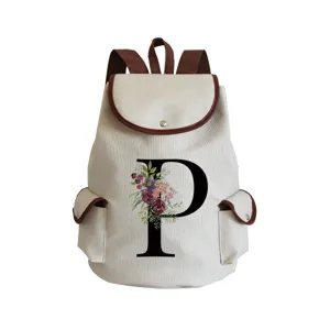 Stylish canvas backpack with floral letter print, casual daily daypack for women.