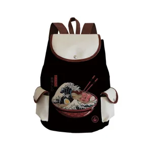Canvas backpack with creative wave ramen print, black and beige design for daily travel use.