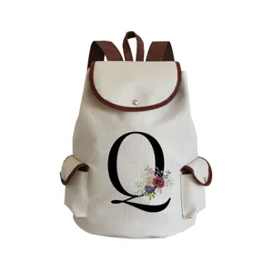 Canvas casual backpack with floral letter Q print, vintage brown leather trim, daypack.