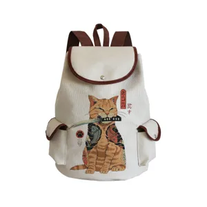 Canvas backpack detail view, beige fabric, brown leather trim, unique samurai cat print graphic.