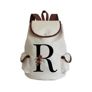 Canvas backpack with floral letter R print, casual daily school bag for women and girls