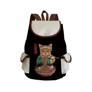 Canvas black backpack with cute cat ramen print, large capacity casual school bag for daily use.