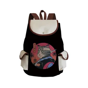 Black canvas backpack with samurai cat print, durable multi-pocket travel school bag.