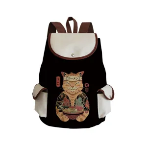 Detailed view of the black canvas backpack featuring a cool samurai cat ramen print design.