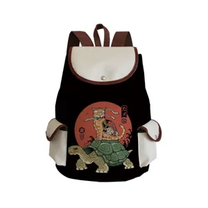 Canvas backpack with Japanese samurai cat print, large capacity travel school bag for students.