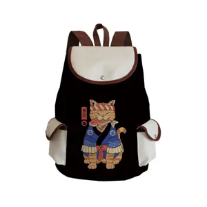 Black canvas backpack with cute Japanese samurai cat print, large capacity casual daypack.