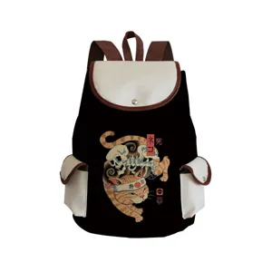 Black canvas backpack featuring Japanese samurai cat and skeleton graphic print design.