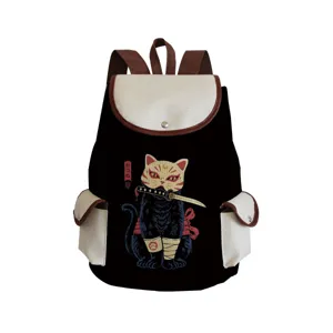 Detailed view of black canvas backpack with samurai cat print, large capacity student bag.