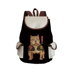 Black canvas backpack with tattoo bulldog print, large capacity travel school bag for students.