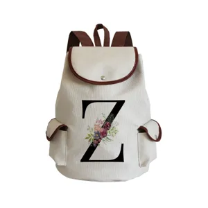 Canvas backpack for women with floral letter Z print, casual stylish daypack, detail view.