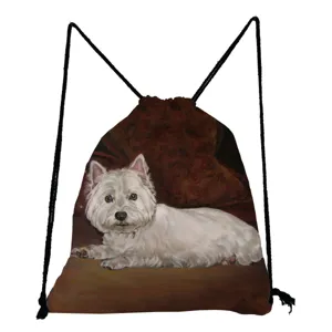 Détail de sac à dos cordon avec imprimé chien Westie mignon, rangement pratique.