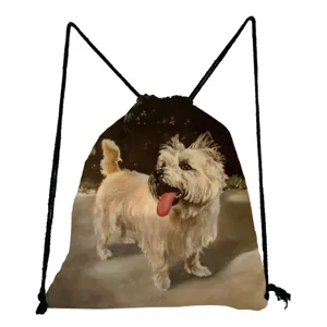 Sac à cordon mignon avec motif de chien pour rangement quotidien, sac à dos léger en toile.