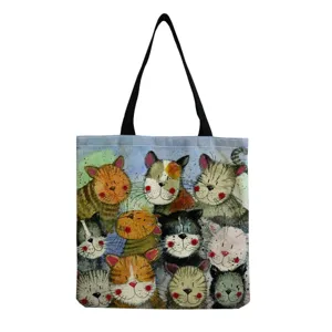 Cute cartoon cat print canvas tote bag detail, featuring adorable watercolor feline illustrations.
