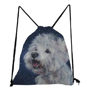 Sac à dos cordon mignon imprimé chien blanc, sac de rangement casual pour étudiants.