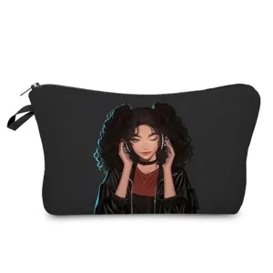 Schwarze lockige Haare Mädchen Print Kosmetiktasche Make-up Tasche Reise Kulturbeutel Etui
