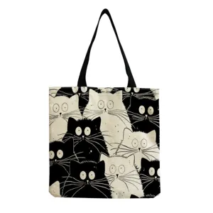 Women's Cartoon Cat Print Linen Tote Bag Large Capacity Foldable Shoulder Bag For Shopping Daily Casual Eco Friendly Handbag