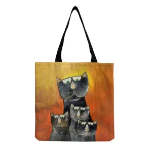Cute black cat print canvas tote bag large capacity lightweight shoulder handbag for daily