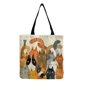 Cute cartoon cat print canvas tote bag, large capacity casual shoulder bag for daily use.