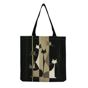 Retro artistic cat print canvas tote bag, large capacity casual daily shoulder bag for women.